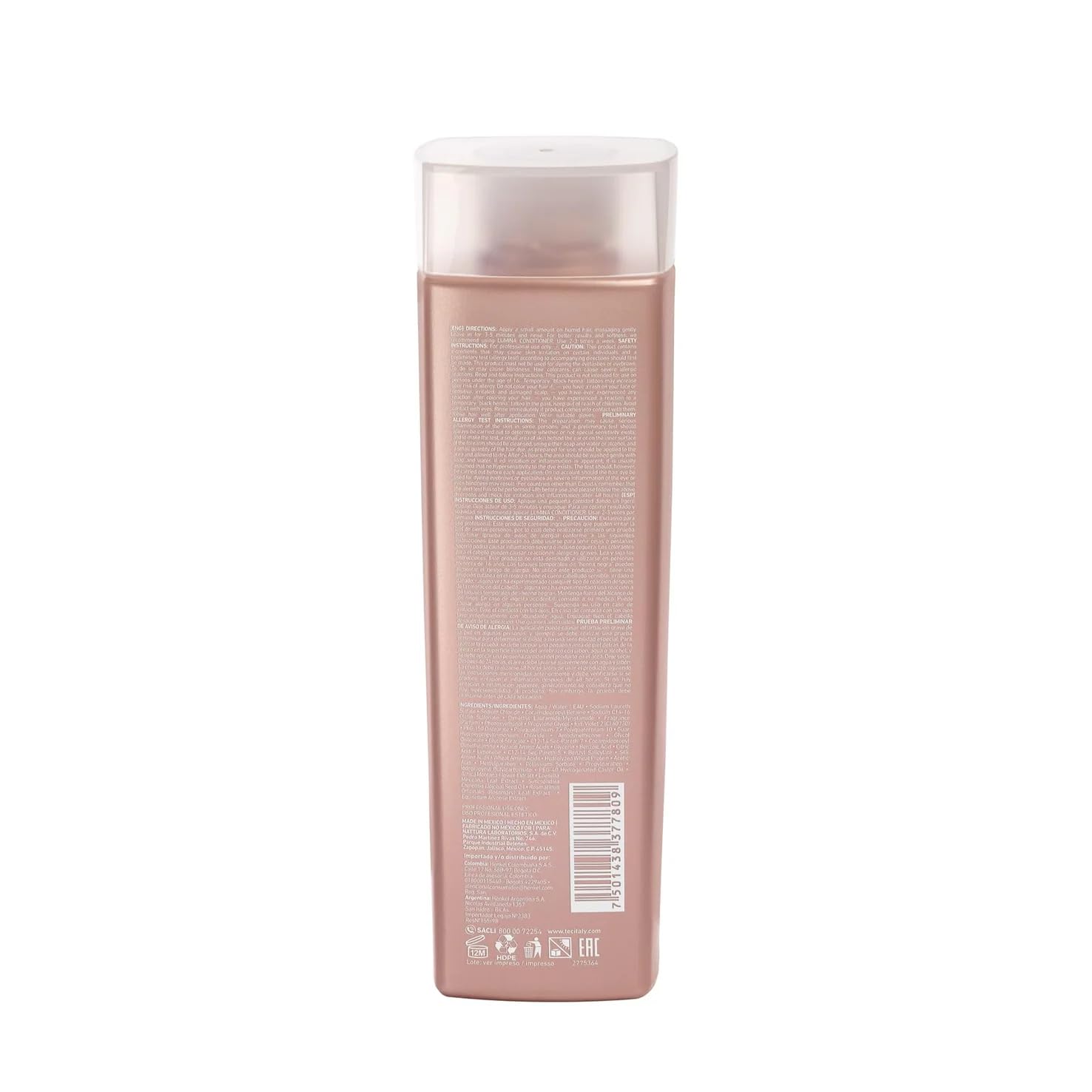 Tec Italy Lumina Purple Shampoo close-up label highlights toning formula and UV protection.