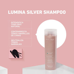 Tec Italy Lumina Purple Shampoo on hair showing balanced gray or blonde tone.