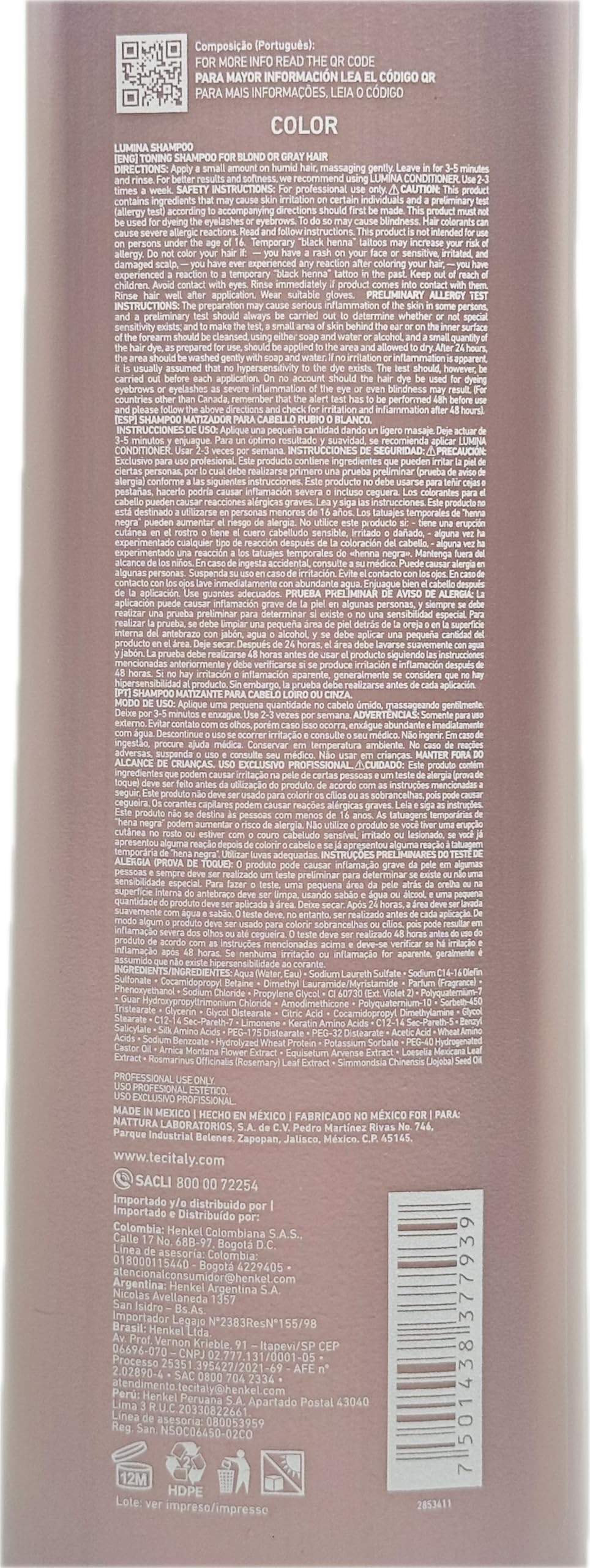 Tec Italy Lumina Shampoo close-up lather showing nourishing formula for weakened hair