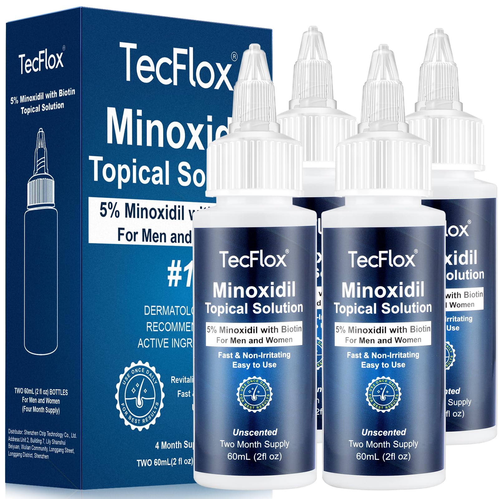 TECFLOX 5% Minoxidil Biotin bottle front showing scalp treatment use.
