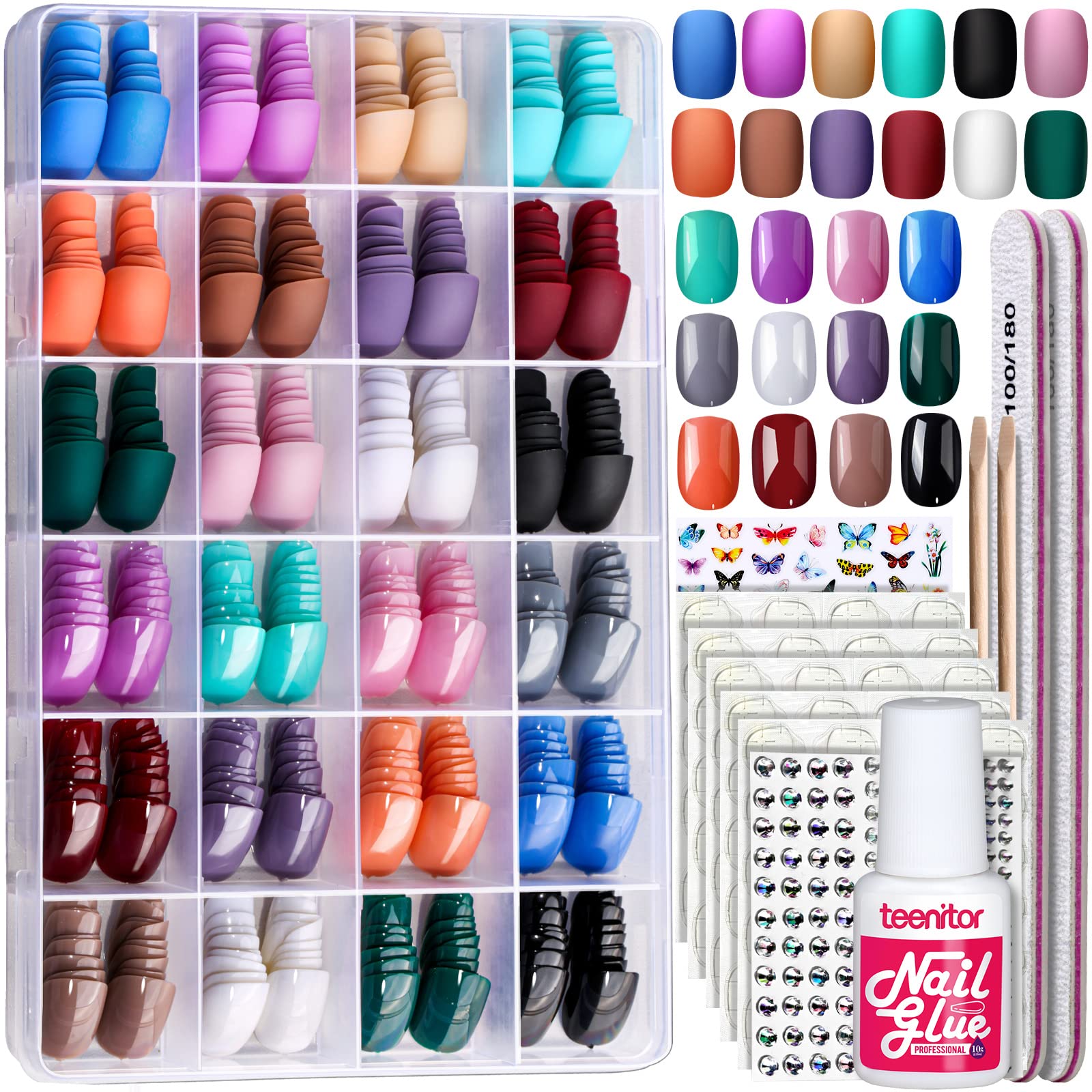 Teenitor 24Pack nails kit with glue for quick DIY manicure.