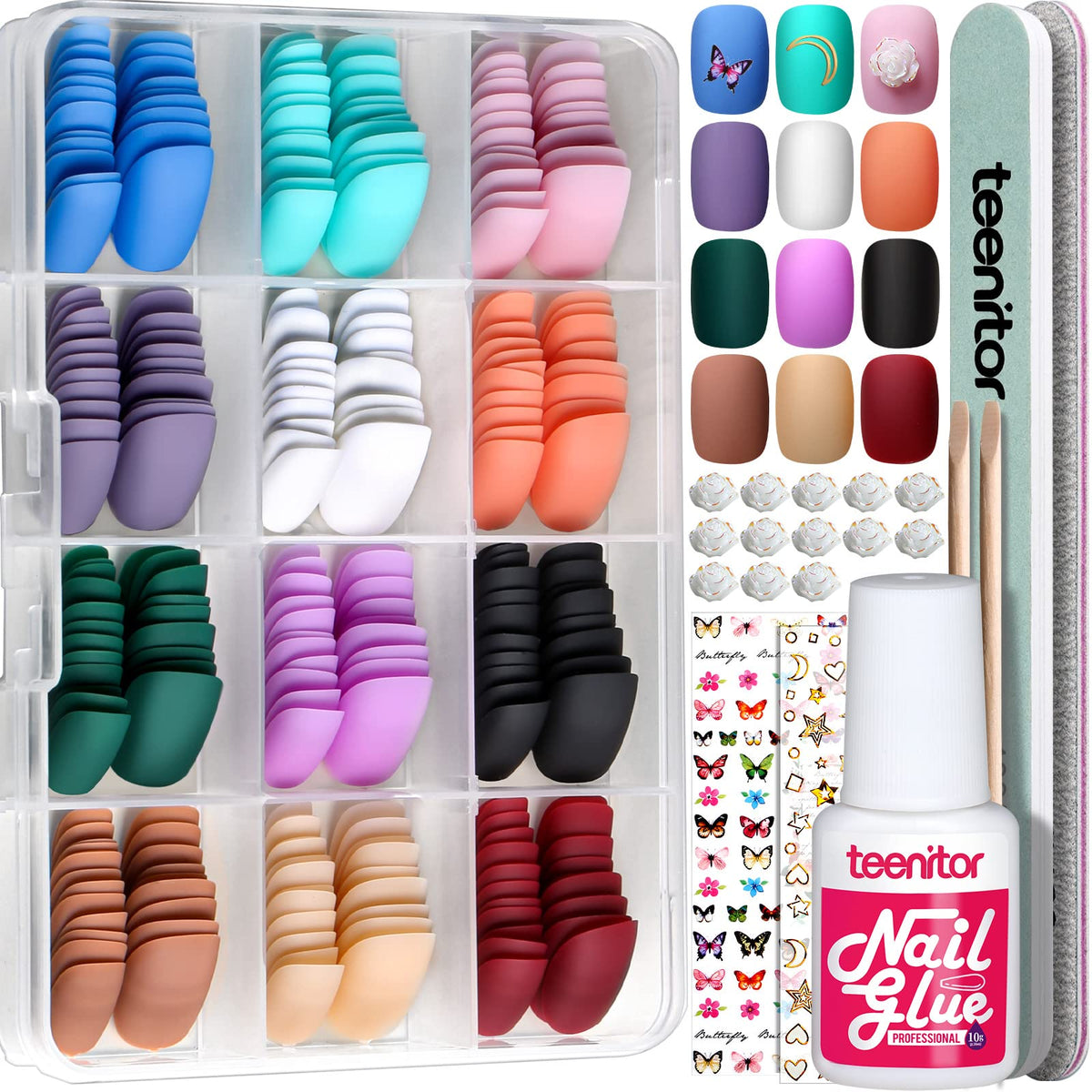 Teenitor 288pcs short press-on nails kit, box front, enabling quick at-home manicures.