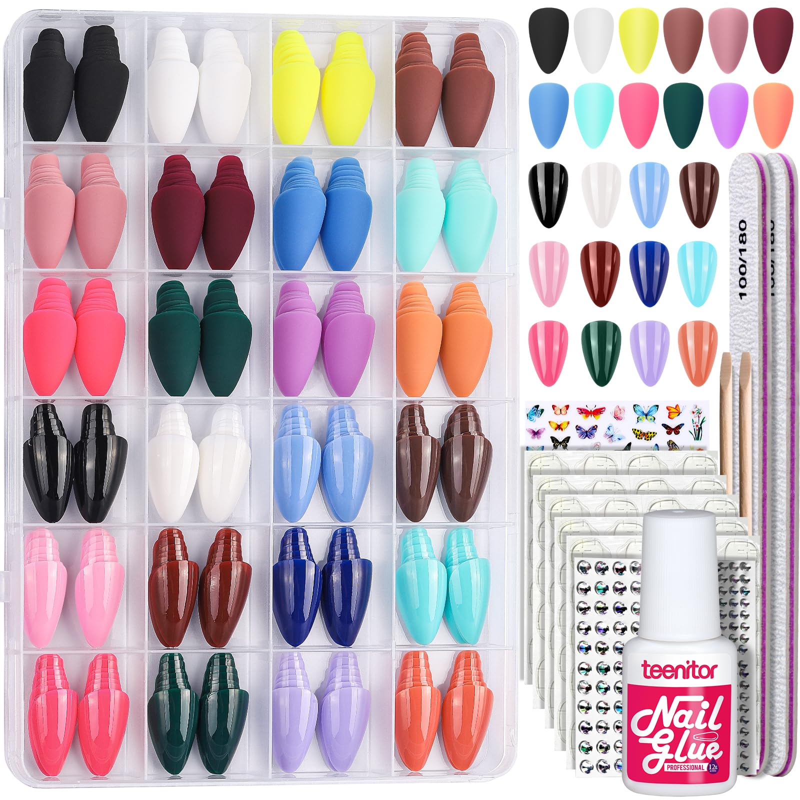 Teenitor almond press on nails pack contents with glue tabs for easy manicure