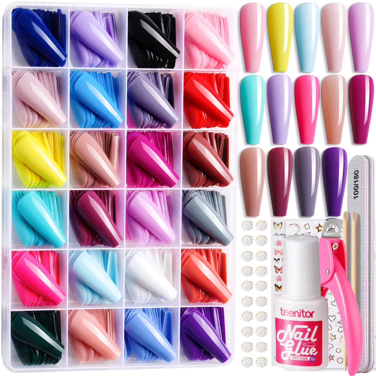 Teenitor full-cover nails 576pcs box with vibrant color options for quick manicures