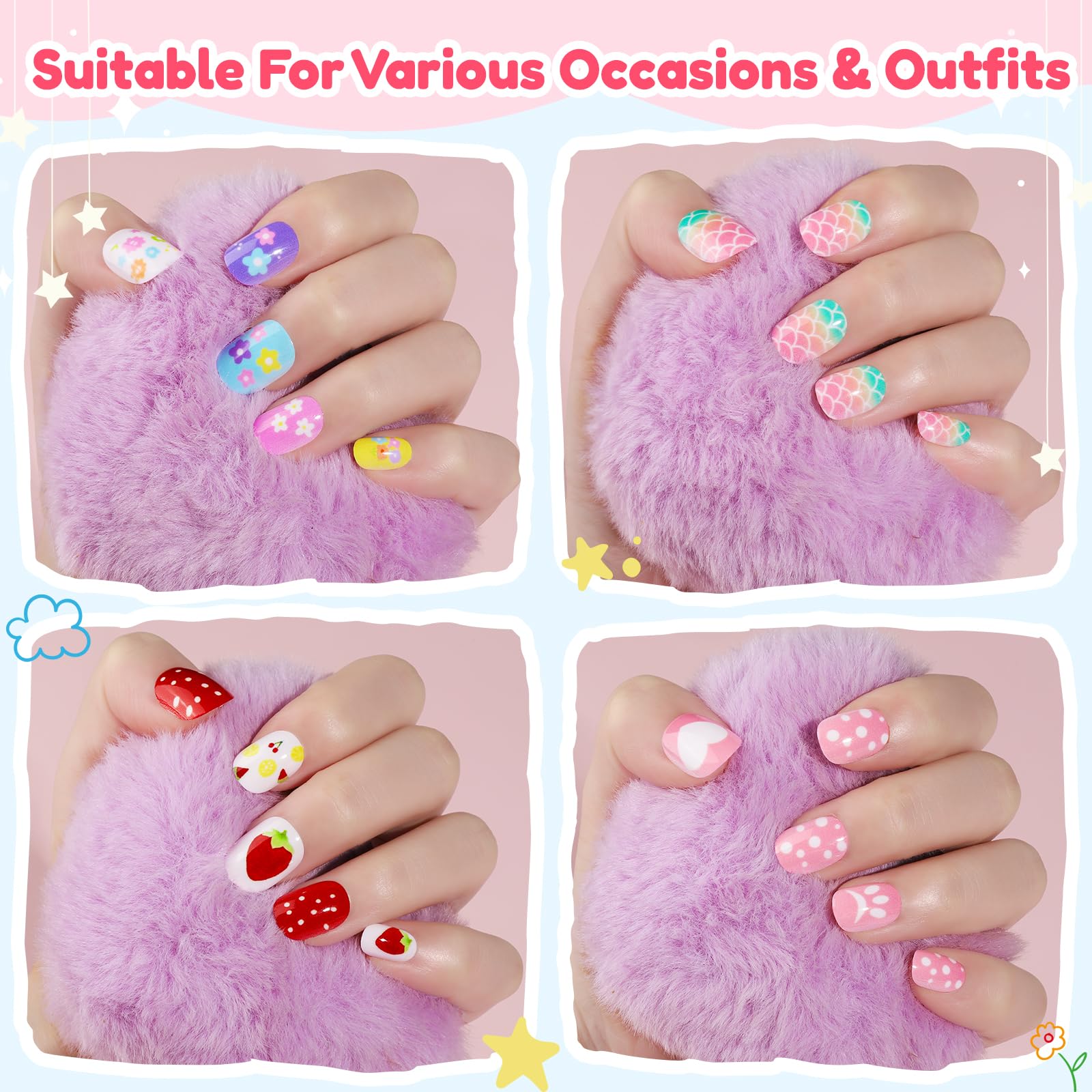 Teenitor kids press on nails with stars, hearts, and butterflies for cute accents