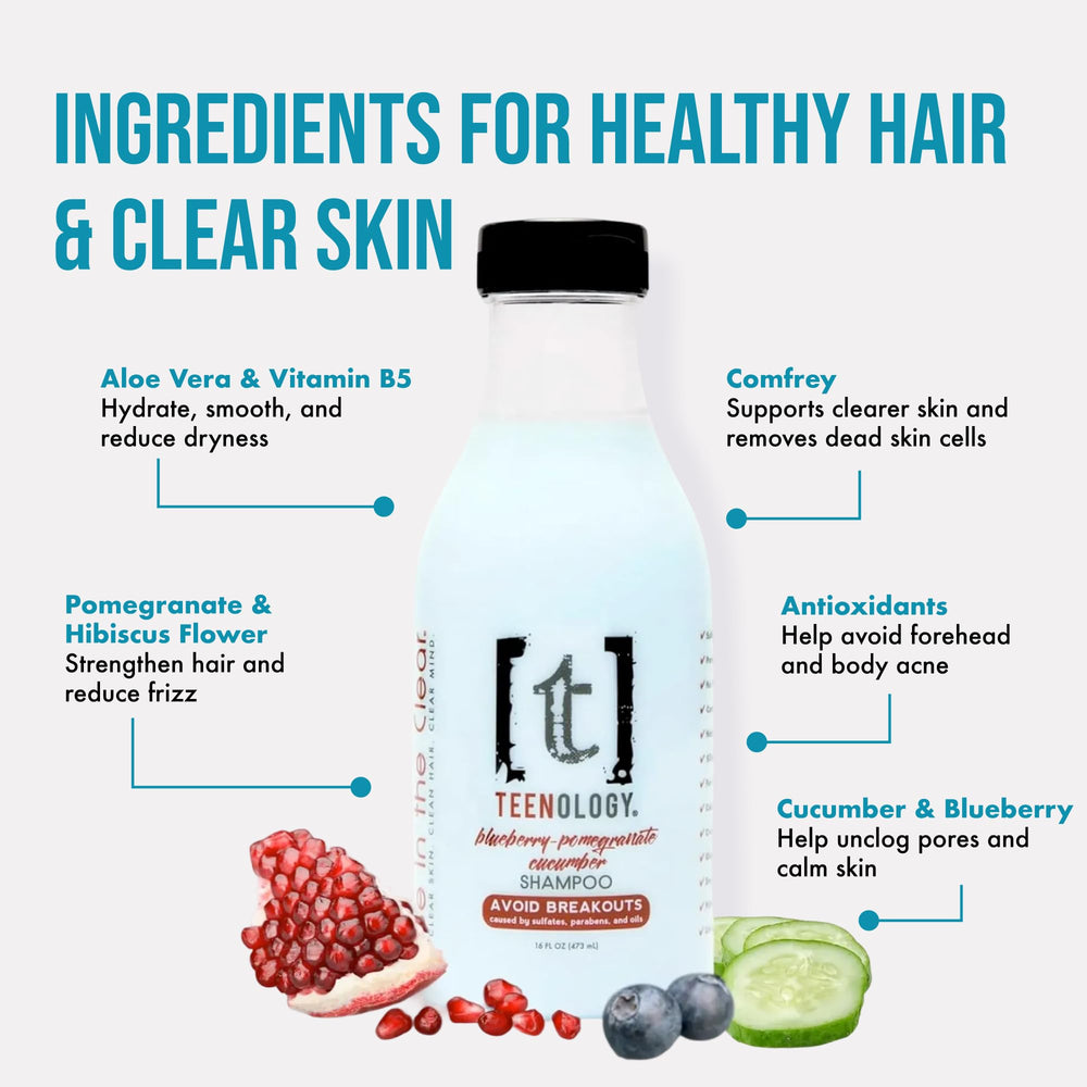 Teenology Teen Shampoo label close-up highlights natural extracts and sulfate-free formula