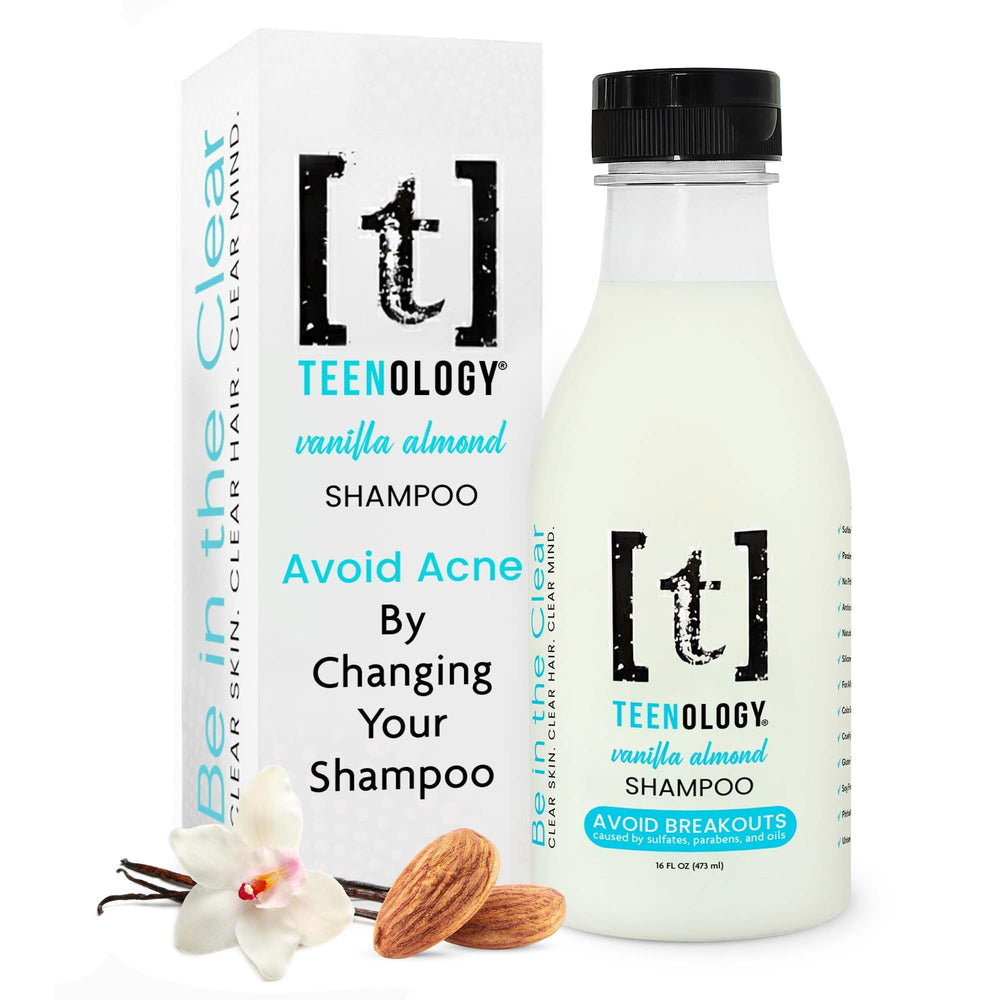 Teenology Teen Shampoo Vanilla Almond bottle promotes gentle cleansing for clear skin and healthy hair