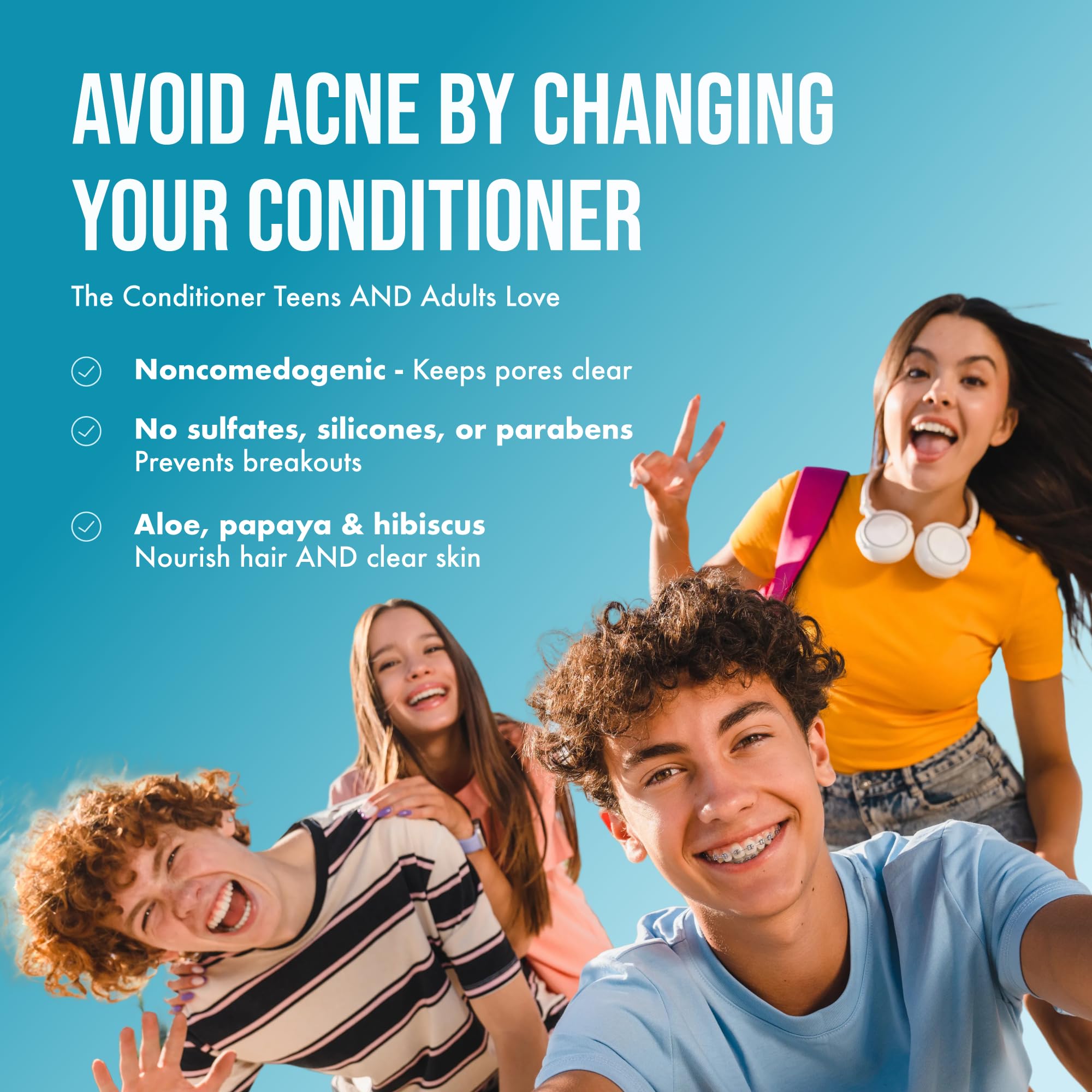 Teenology Vanilla Almond Conditioner ingredients like aloe and hibiscus in glass bowl.