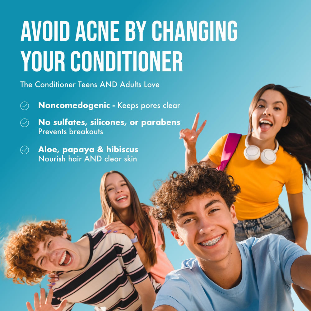 Teenology Vanilla Almond Conditioner ingredients like aloe and hibiscus in glass bowl.
