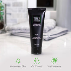 Tiege Hanley moisturizer texture close-up highlighting a non-greasy finish for sensitive skin