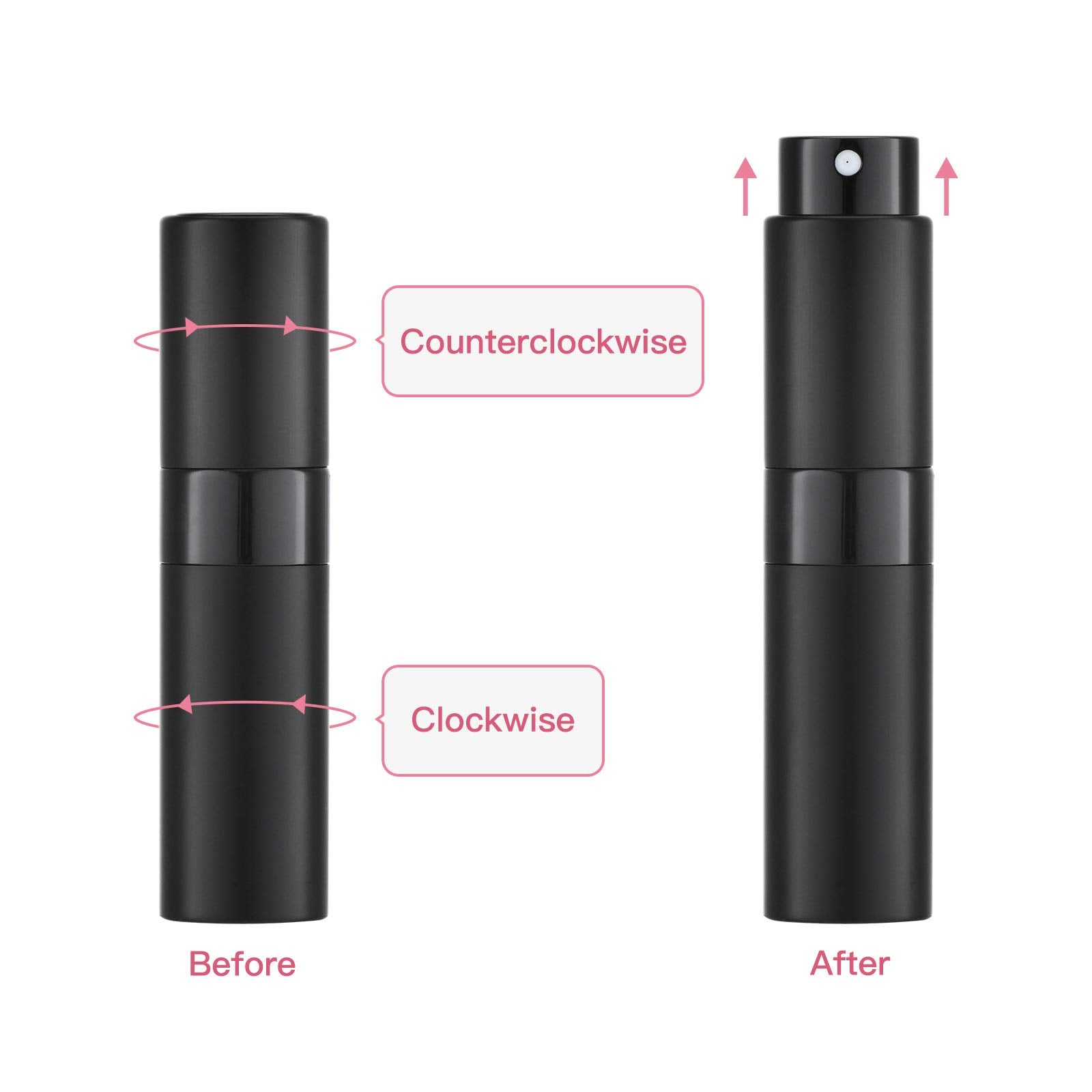 Tekson travel perfume atomizer pink highlights stylish cap-free design for easy spraying.