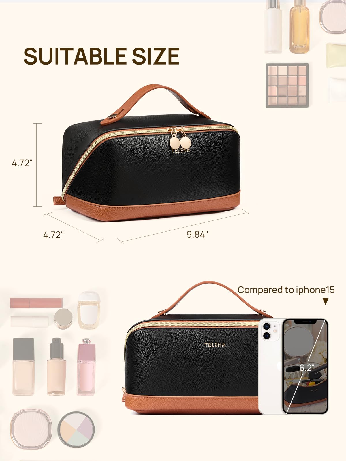 Telena Leather Make Up Bag compact yet roomy for everyday essentials