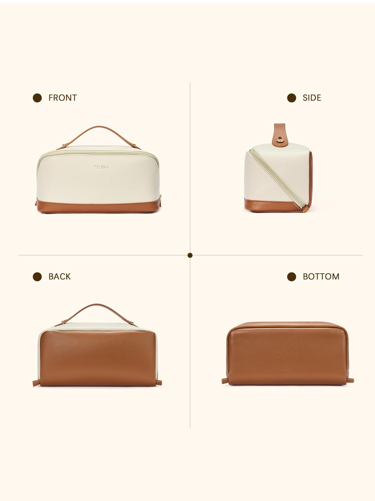 Telena leather makeup bag colors beige black white brown for versatile styles.
