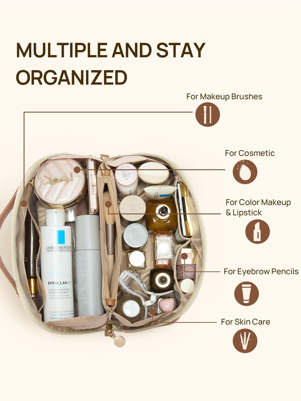 Telena leather makeup bag divider keeps items organized and easy to locate.