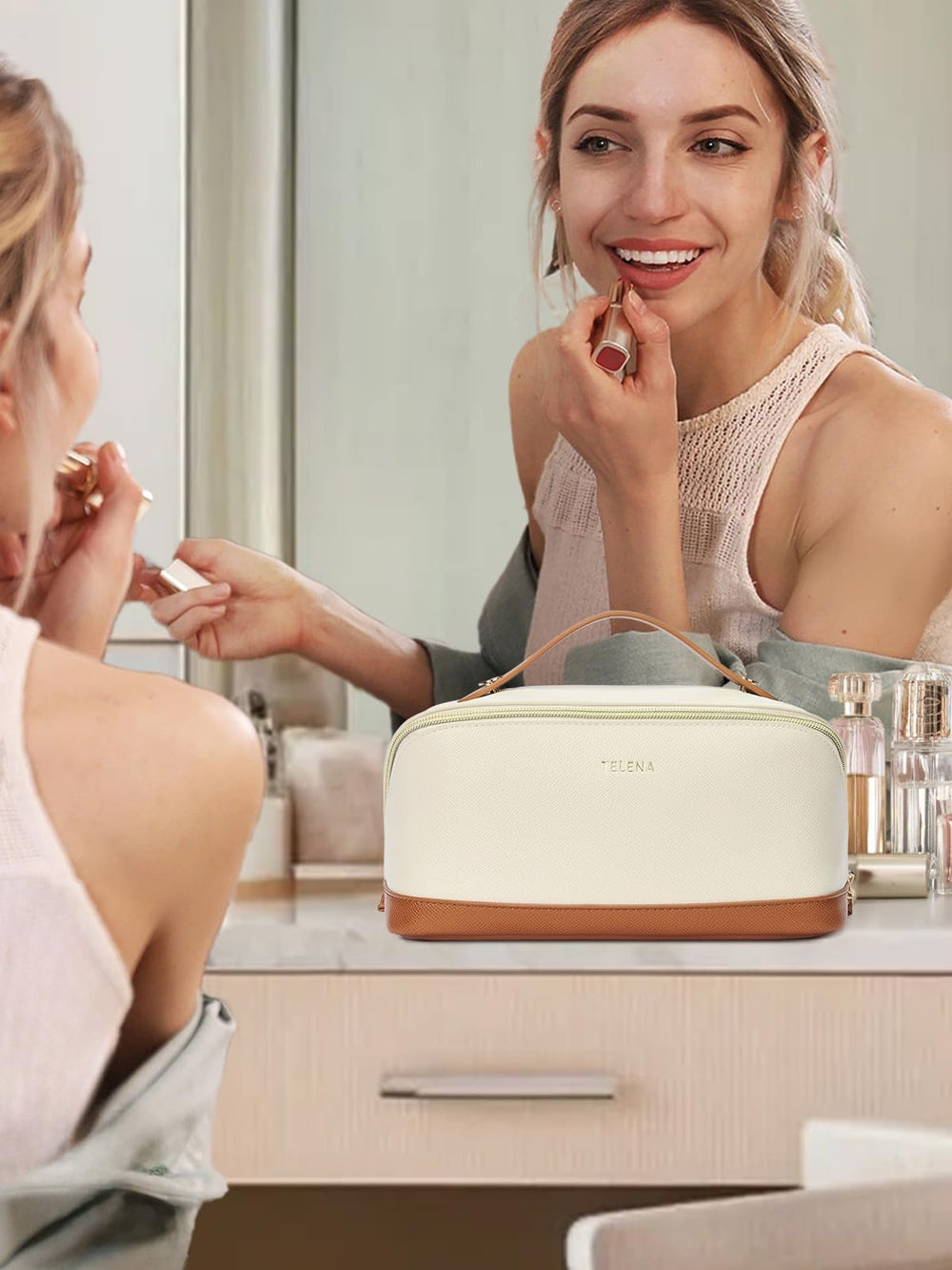 Telena gift-ready leather makeup bag ideal for birthdays and holidays.