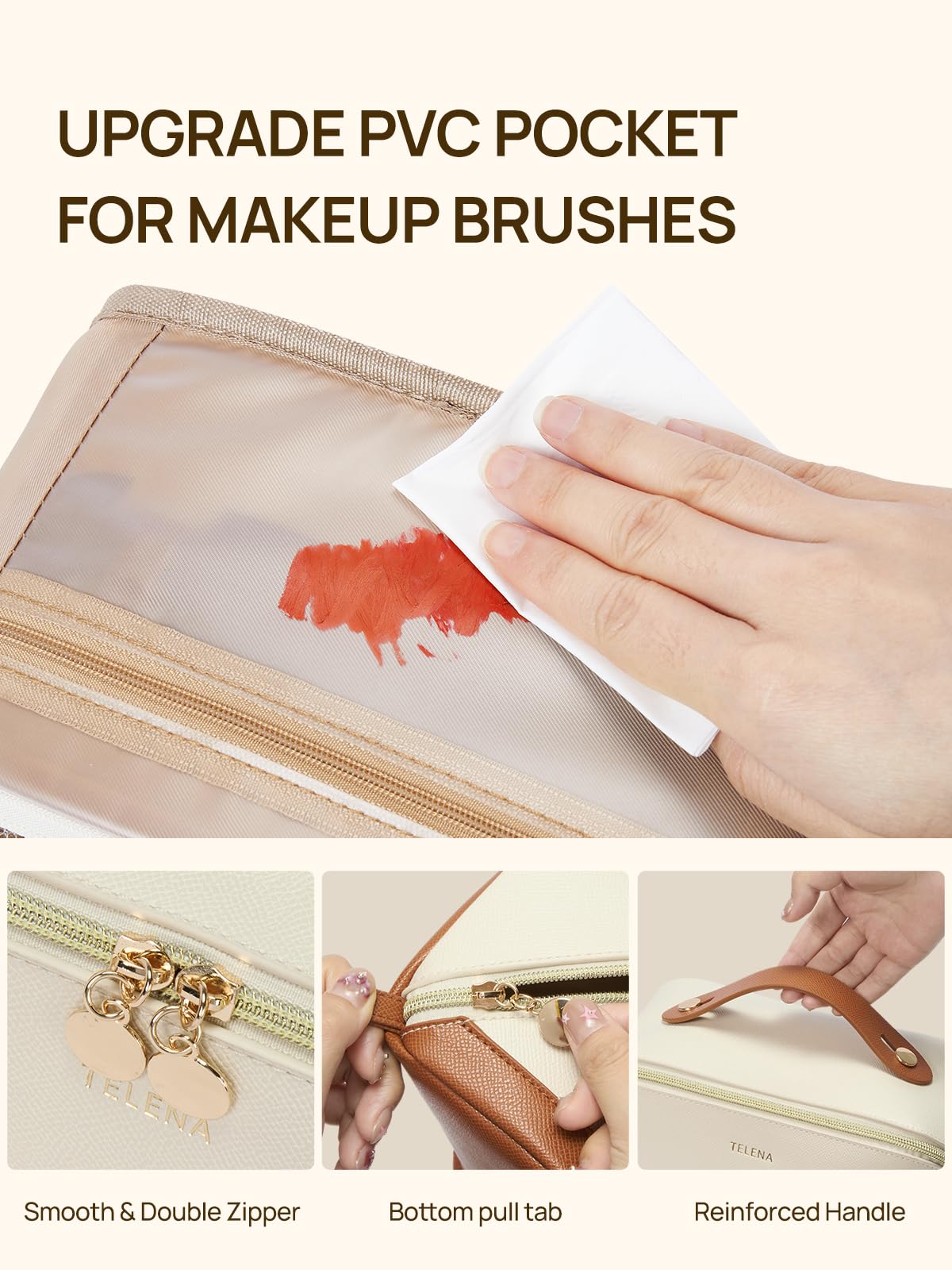 Telena leather makeup bag with handle for easy carrying on the go.