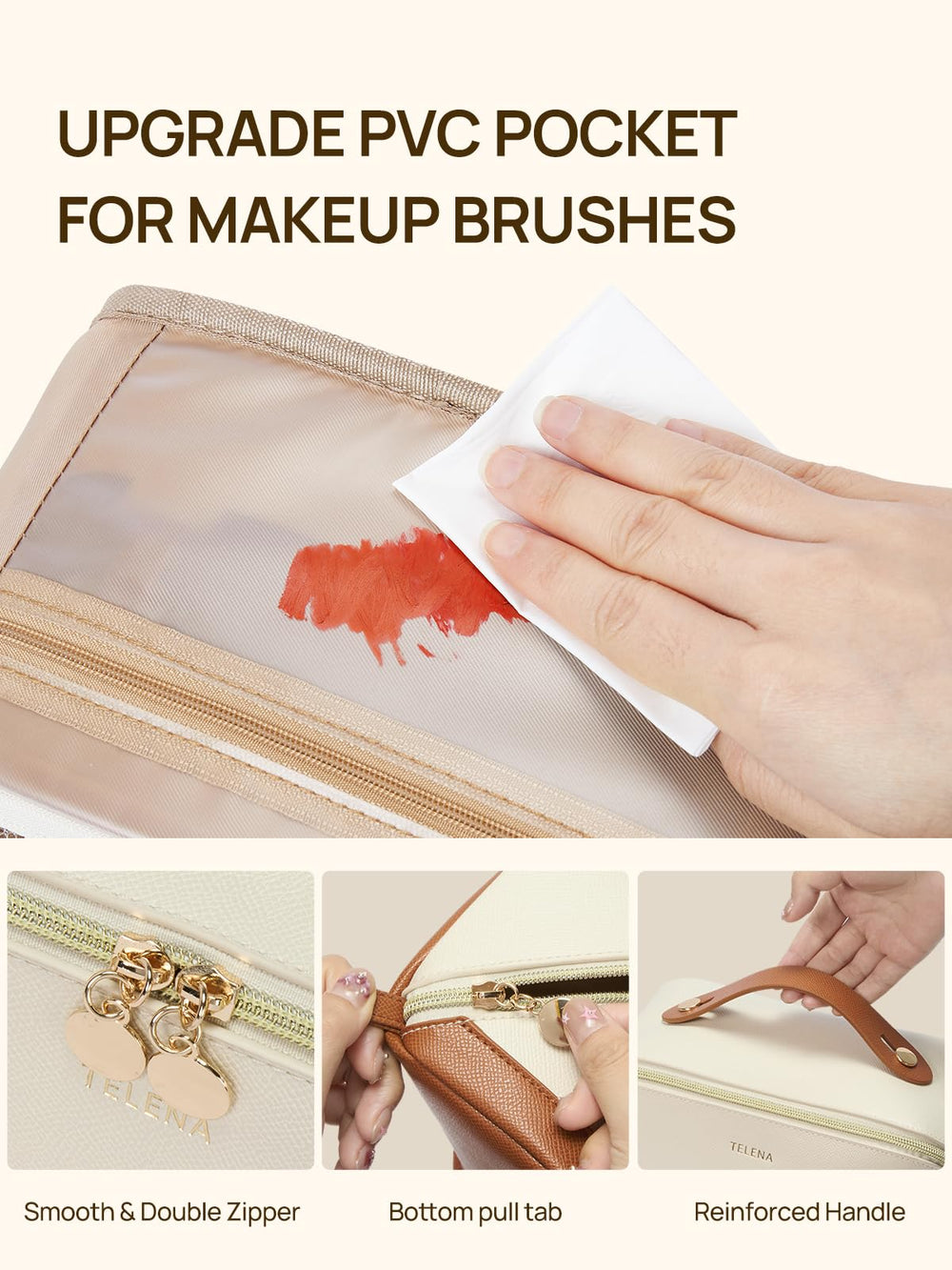 Telena leather makeup bag with handle for easy carrying on the go.