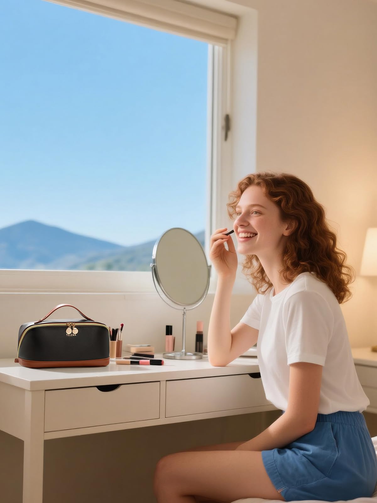 Telena Leather Make Up Bag interior compartments keep cosmetics organized