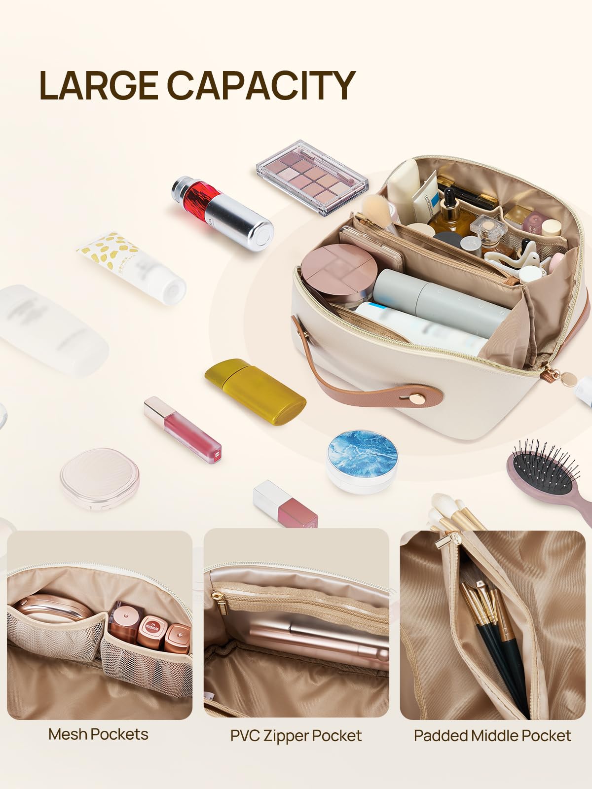 Telena leather makeup bag opens flat for full visibility of contents.