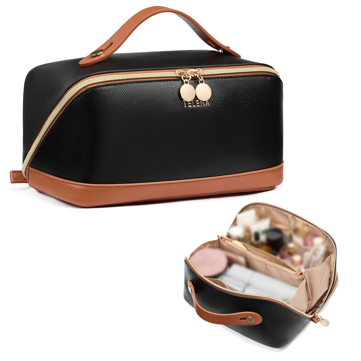 Telena Leather Make Up Bag open flat for easy travel access