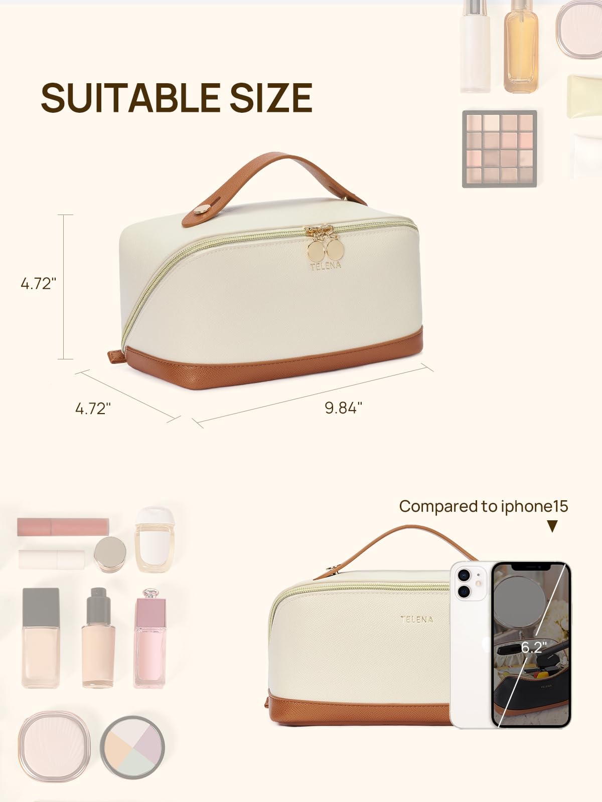 Telena leather makeup bag size 9.84 by 4.72 inches for compact packing.