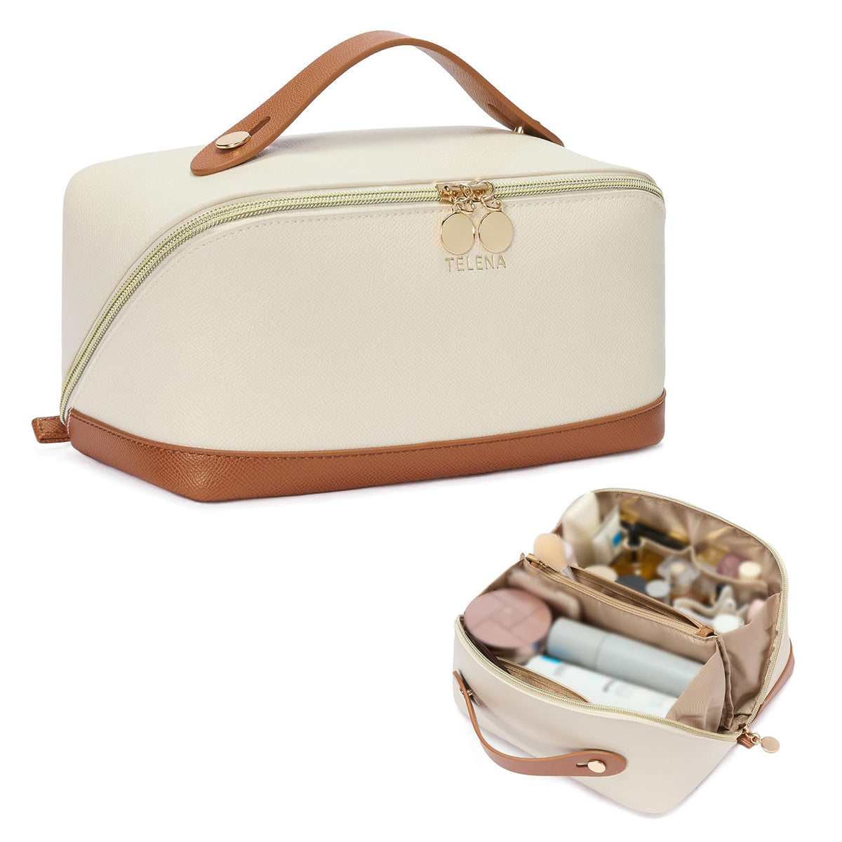 Telena leather makeup bag waterproof protection keeps cosmetics safe during travel.