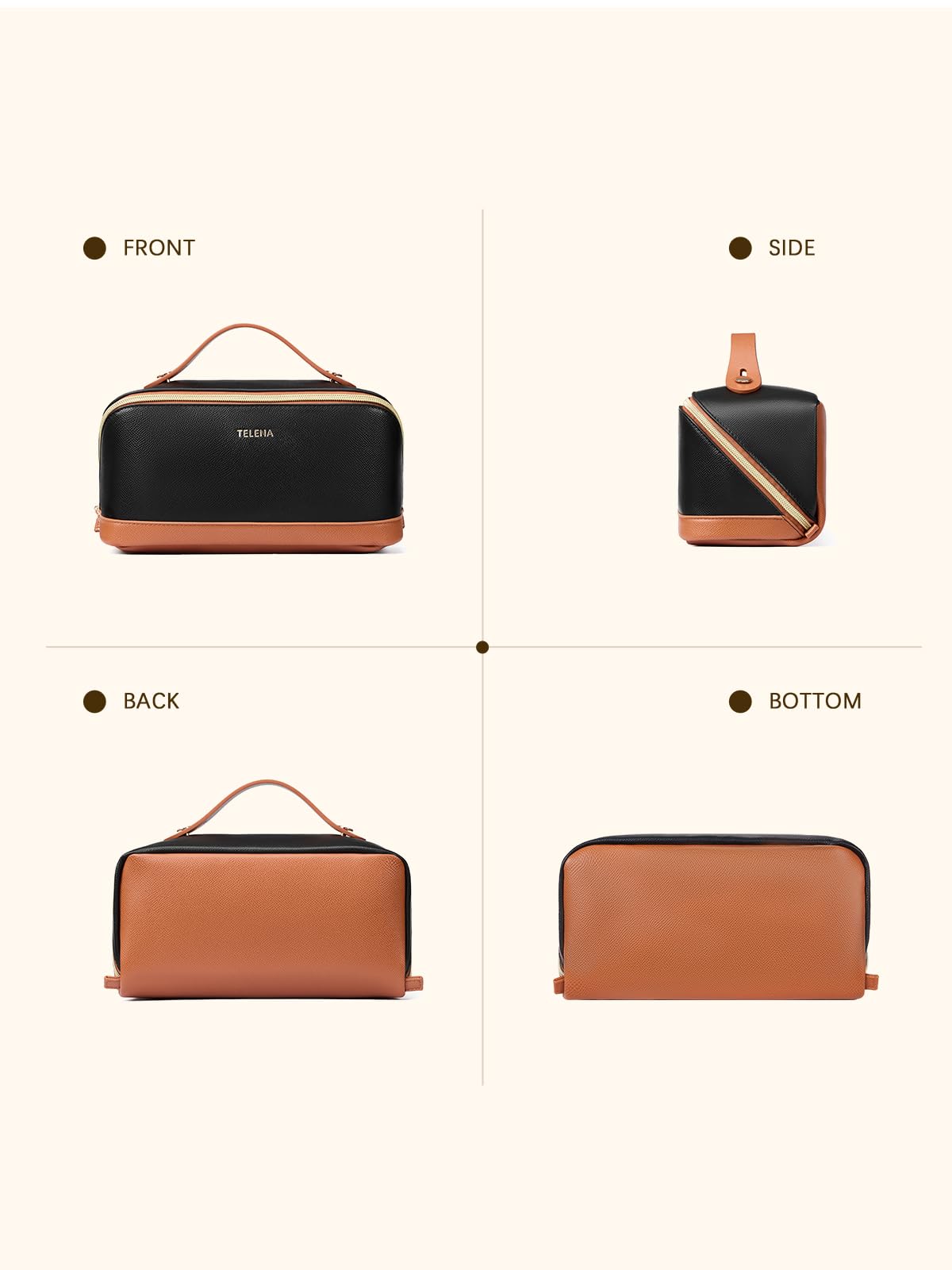 Telena Leather Make Up Bag lifestyle shot shows minimalist travel companion