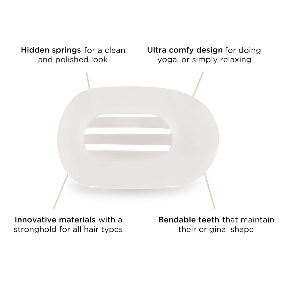 Teleties flat round clip demonstrates bendable teeth for all hair textures.