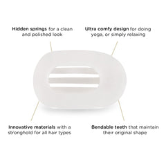 Teleties flat round clip demonstrates bendable teeth for all hair textures.