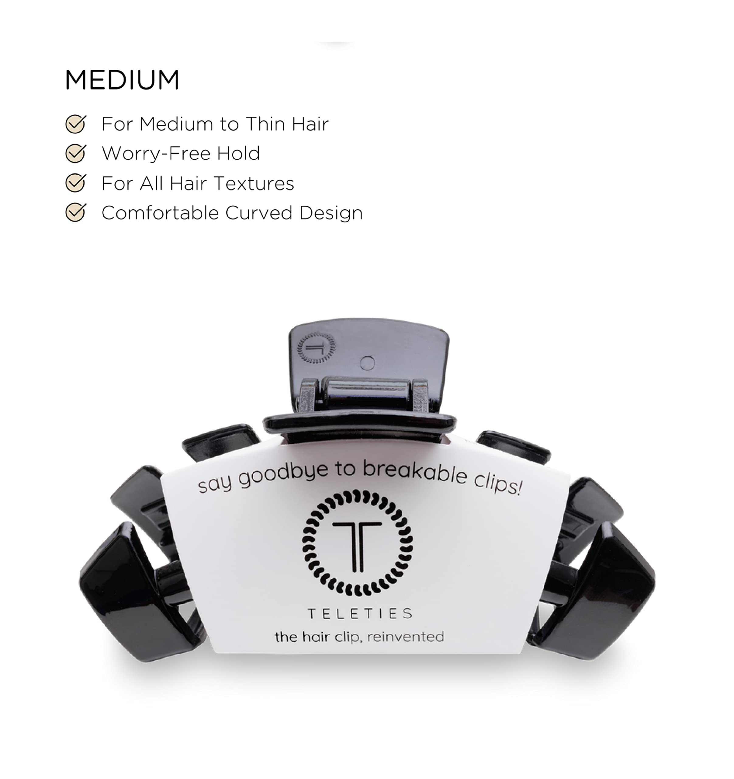 Teleties Jet Black curved-design clip demonstrates comfortable wear for all-day styling.