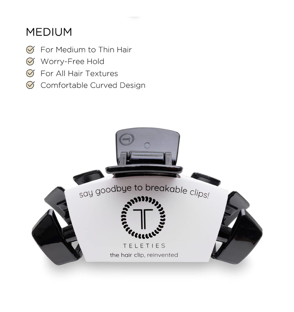 Teleties Jet Black curved-design clip demonstrates comfortable wear for all-day styling.