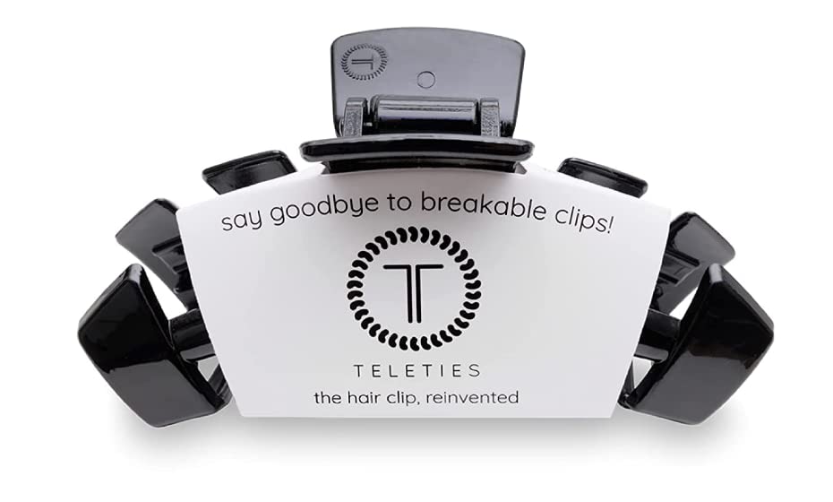 Teleties Jet Black medium hair clip close-up showing strong grip for secure updos.