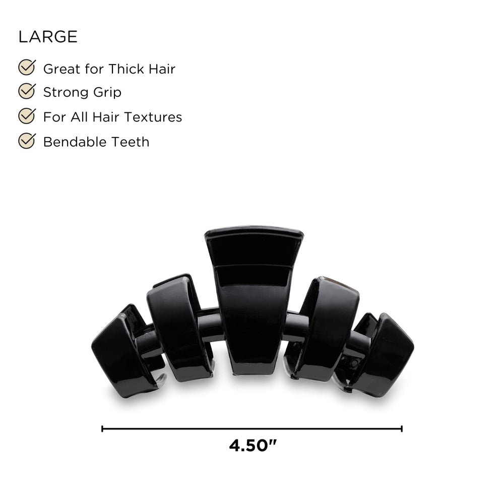 Teleties large hair clip demonstrates secure grip for thick hair.