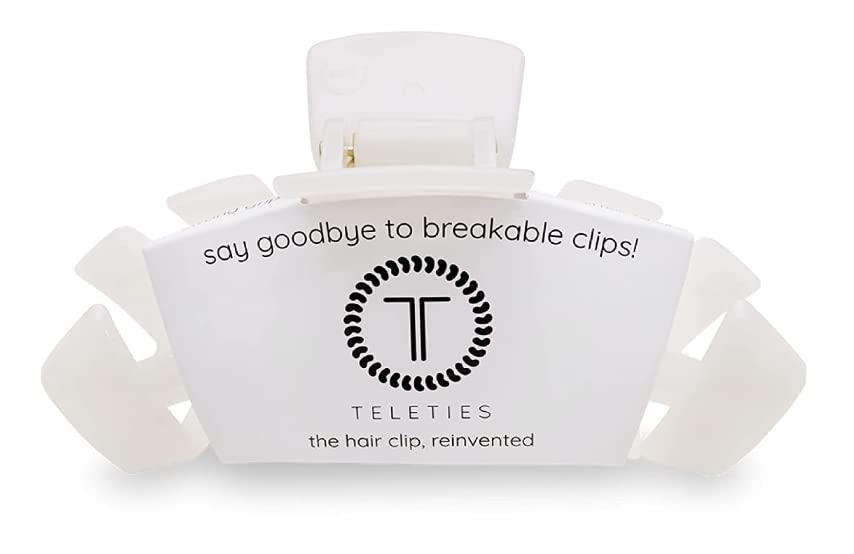 Teleties medium hair clip side view demonstrates a secure, comfortable hold for updos.