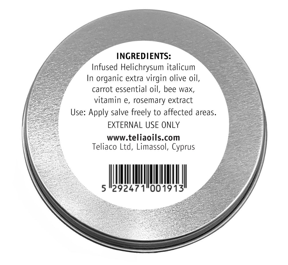 Teliaoils Helichrysum Italicum salve applied on skin for gentle daily comfort.