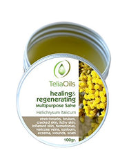 Teliaoils Helichrysum Italicum salve jar closeup for soothing, hydrating skin.