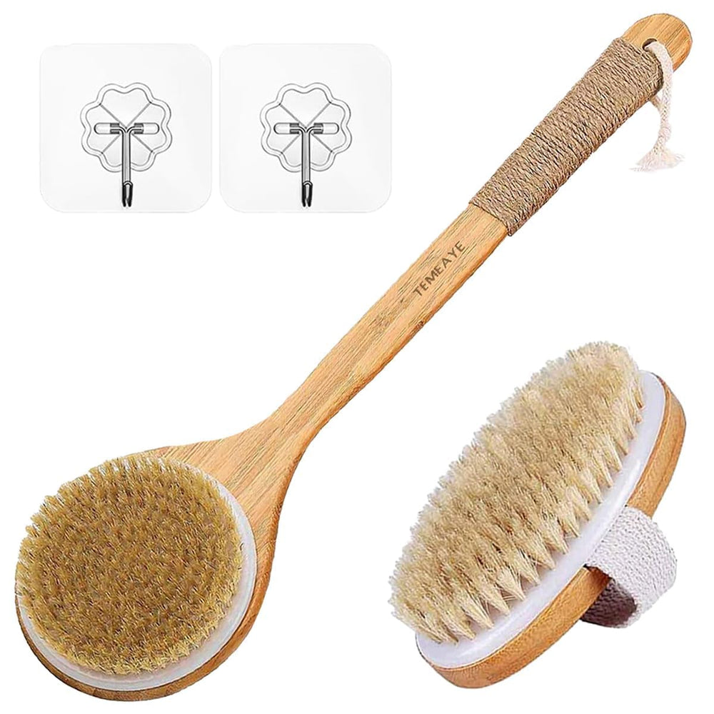 TEMEAYE dry brushing back brush with wooden handle for easy reach and exfoliation