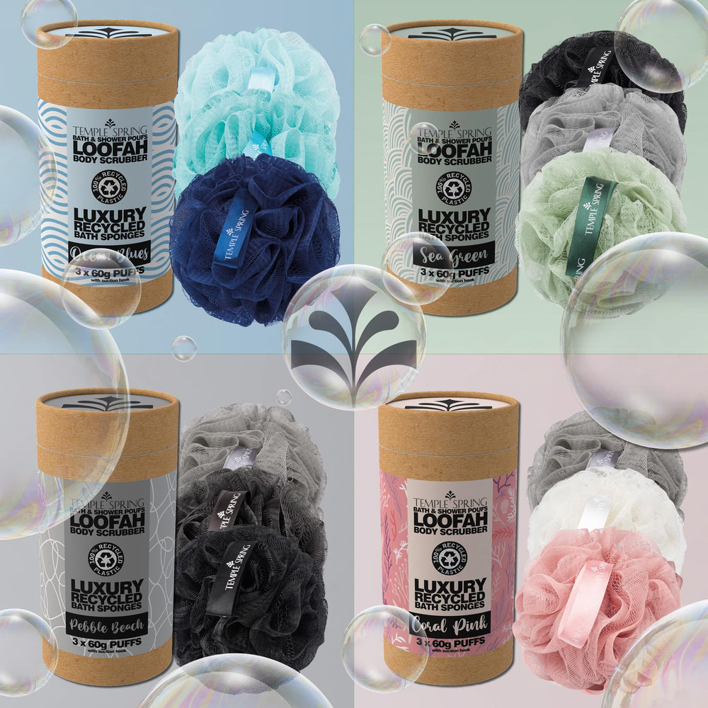 Temple Spring coral pink loofah set captures vibrant color and exfoliation capability.