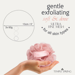 Temple Spring luffa sponge lather-rich surface demonstrates effective cleansing with body wash.