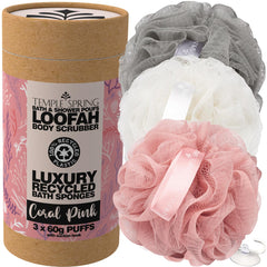 Temple Spring recycled luffa sponges packaging highlights eco-friendly bathroom accessories.