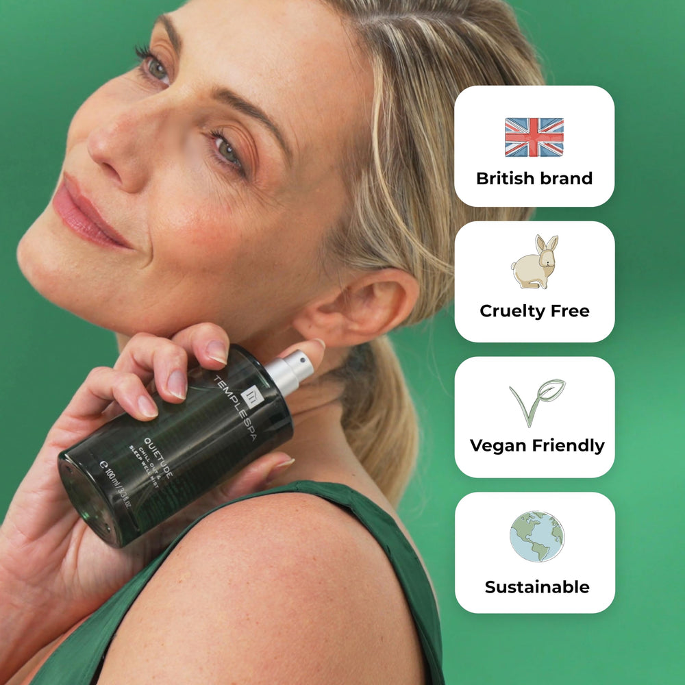 TEMPLESPA QUIETUDE ingredients label highlights natural vegan formulation
