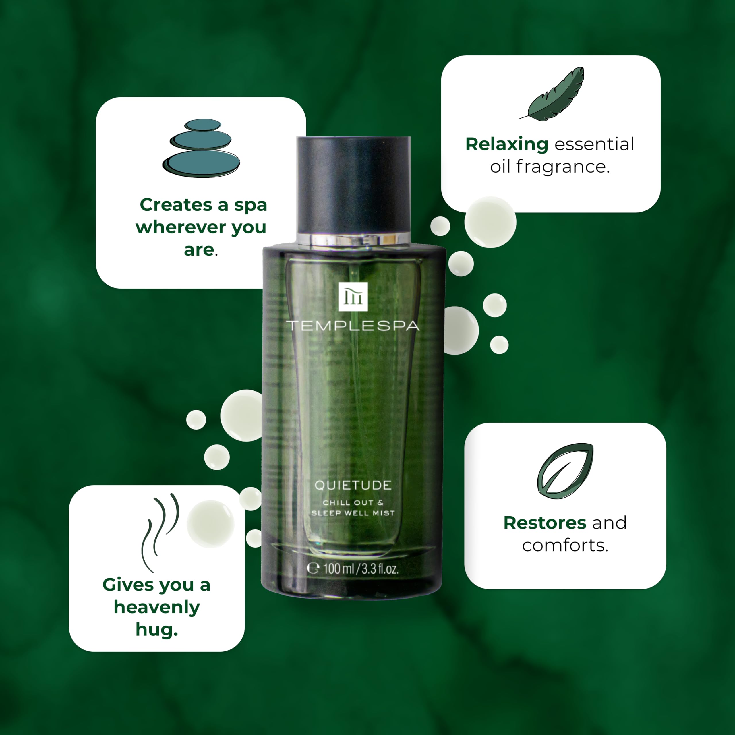 TEMPLESPA QUIETUDE spray application on skin supports quick wind-down moments