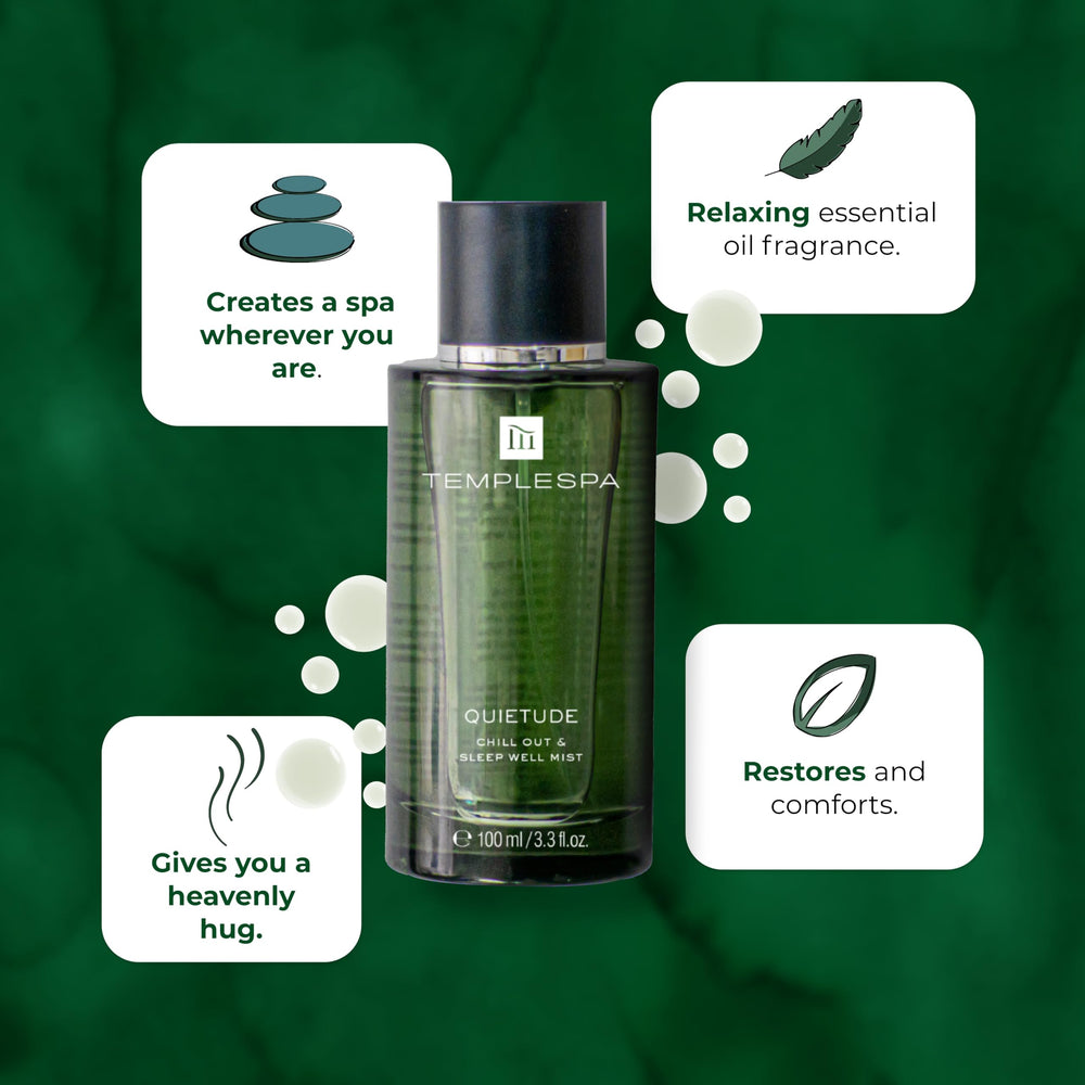 TEMPLESPA QUIETUDE spray application on skin supports quick wind-down moments