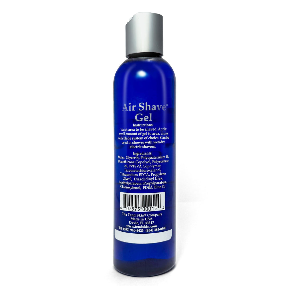 Tend Skin Air Shave Gel after-laser-care panel suggests calming post-treatment skin.