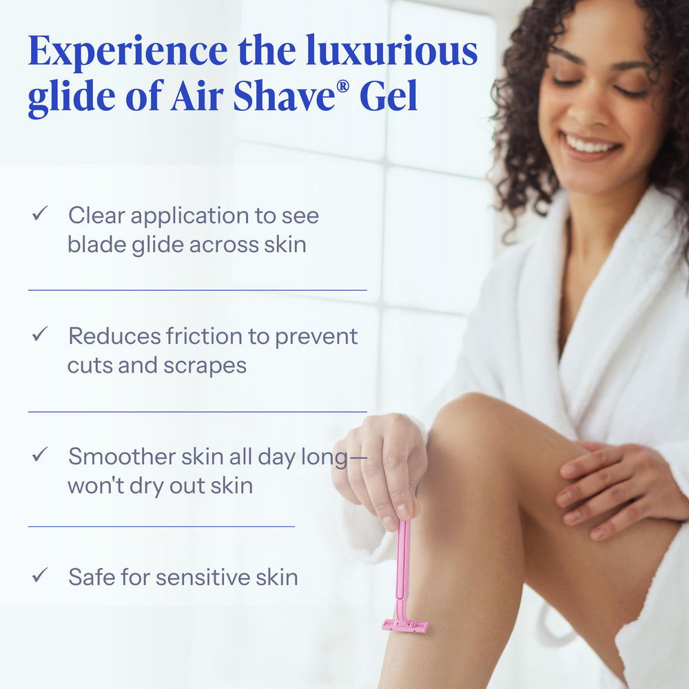 Tend Skin Air Shave Gel luxurious-glide highlights moisturizing glide and reduced razor drag.