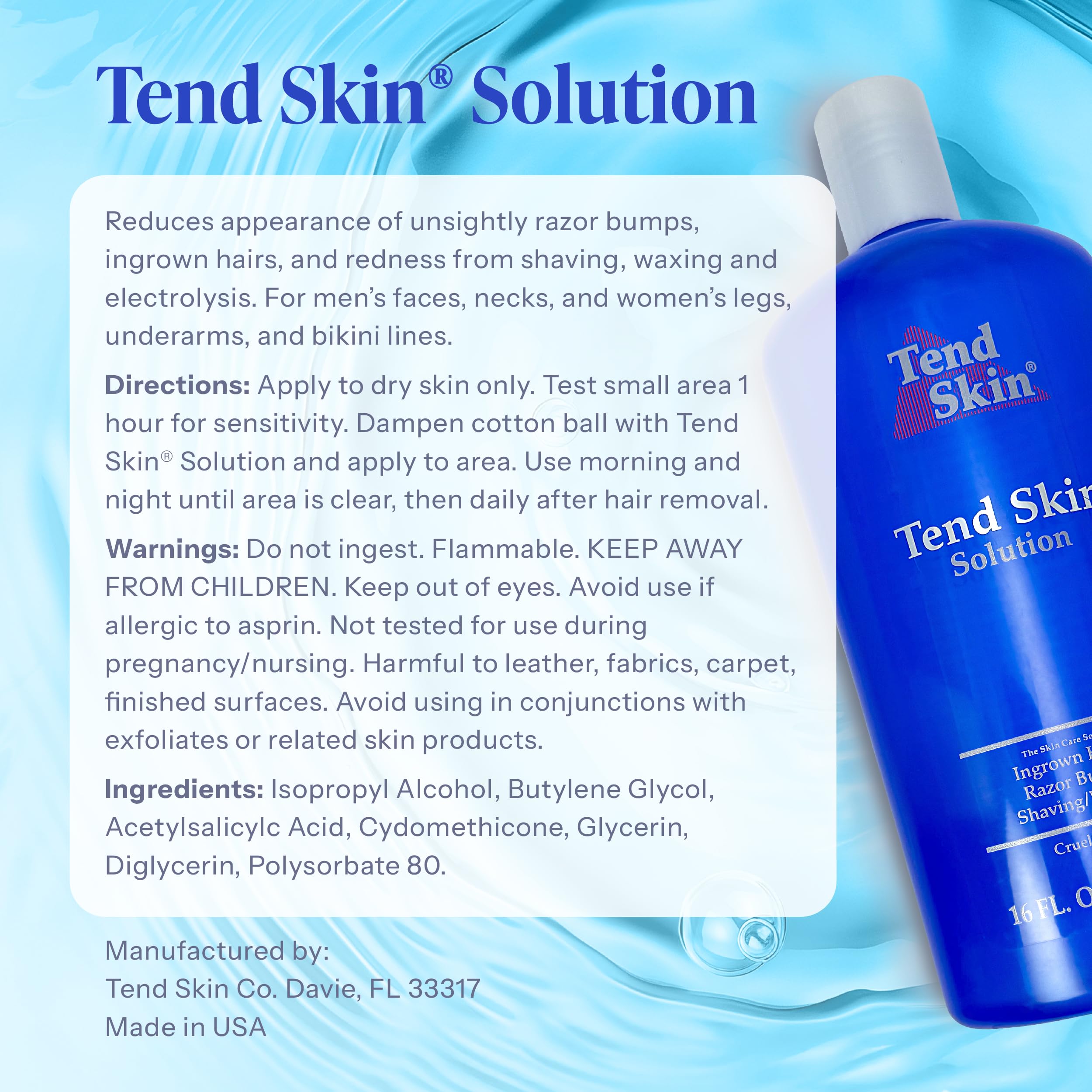 Tend Skin Solution 16 oz bottle underscores Made in USA and full-size convenience.