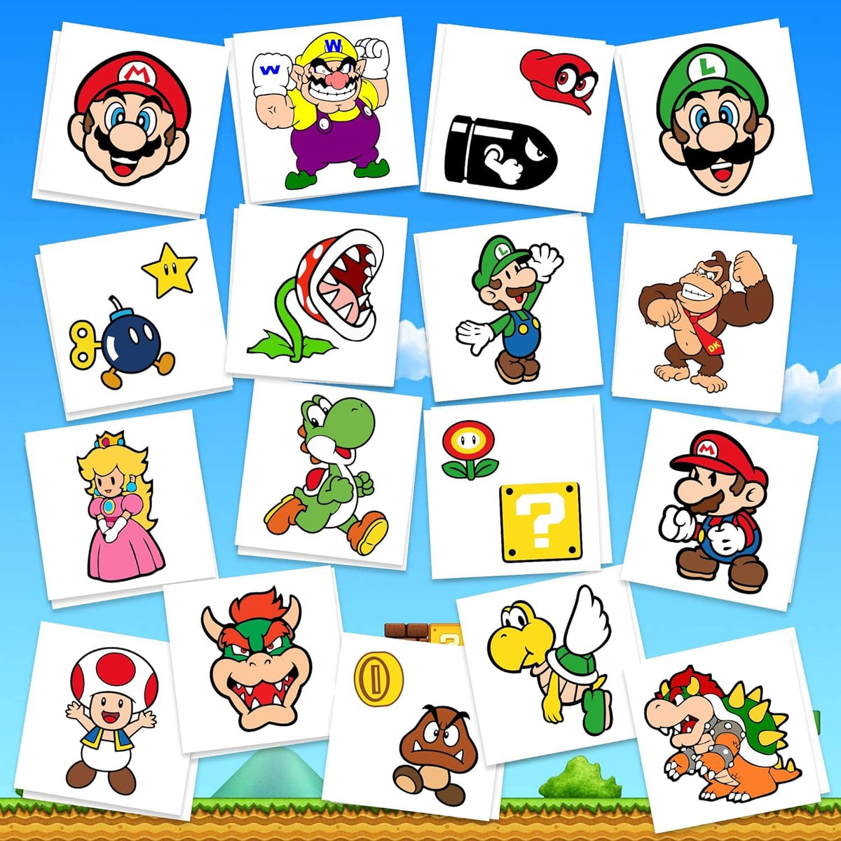 TEOY Mario temporary tattoos collection with 17 designs for party favors and glow-in-the-dark fun.