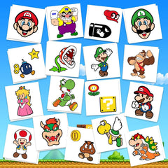 TEOY Mario temporary tattoos collection with 17 designs for party favors and glow-in-the-dark fun.