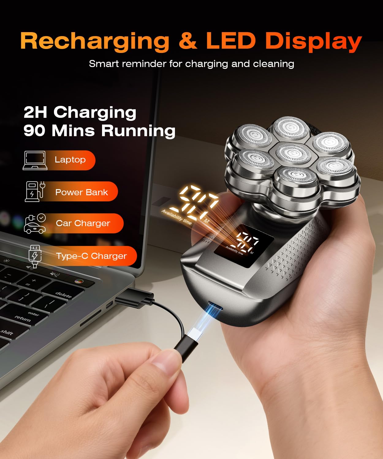TEPOTZ LED display shows battery level and cleaning reminders