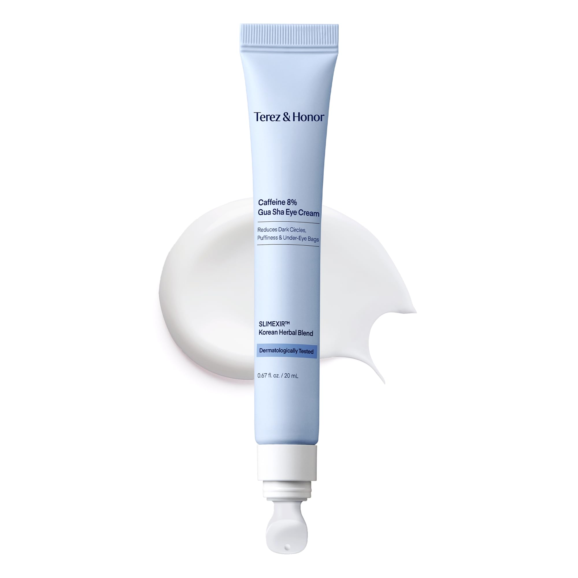 TEREZ & HONOR 8% caffeine eye cream bottle closeup for brightening under-eye area